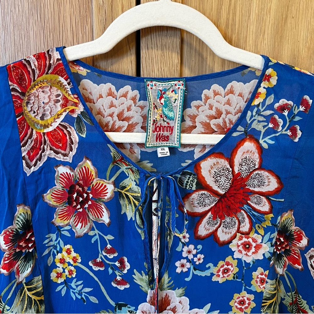 Johnny Was Zadie Tassel Tie Floral Blouse Blue Multi Size XXL Bohemian Coastal - Picture 4 of 8